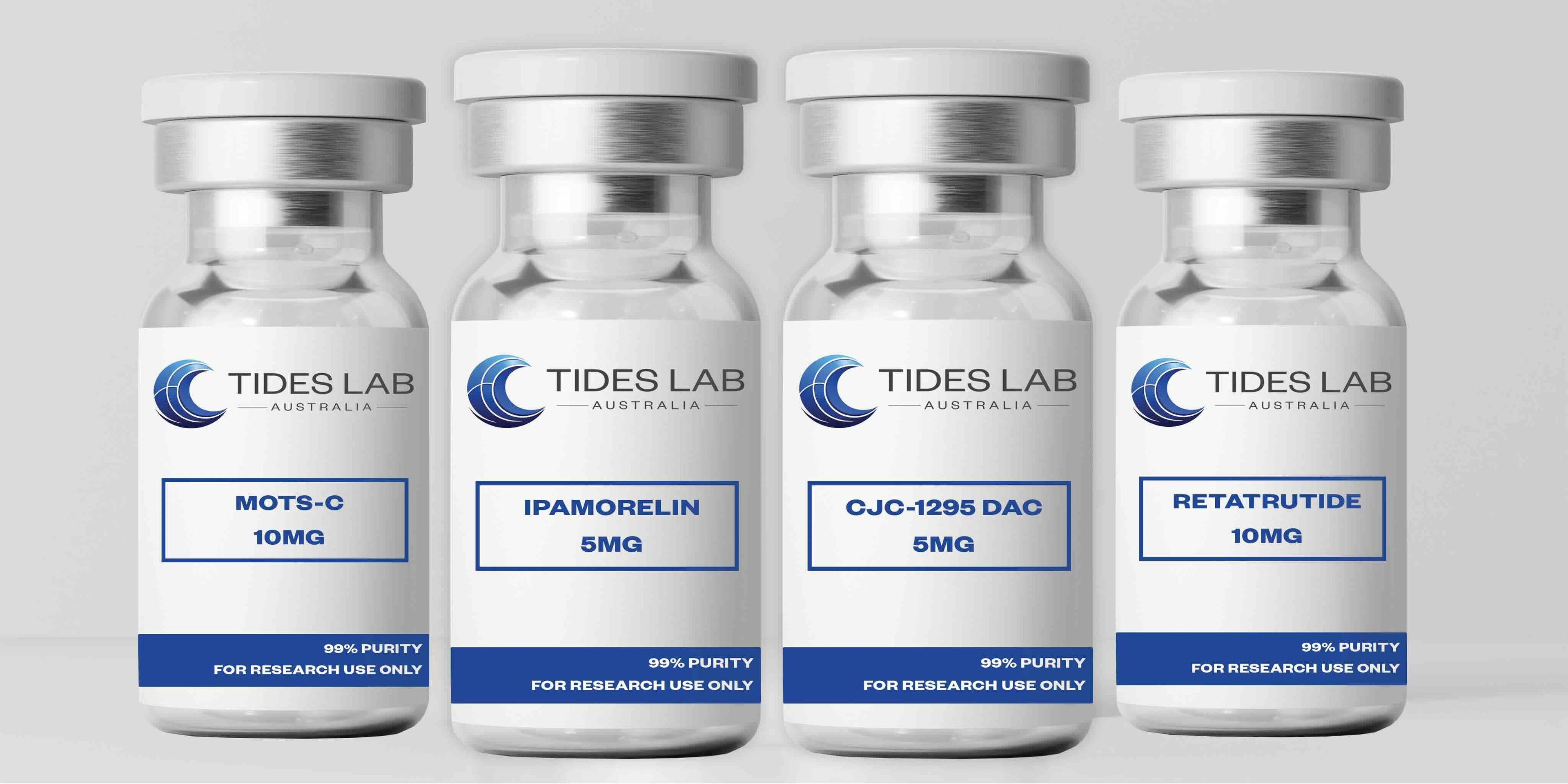 image of peptide vials bpc 157 ipamorelin cjc1296 dac and mots-c