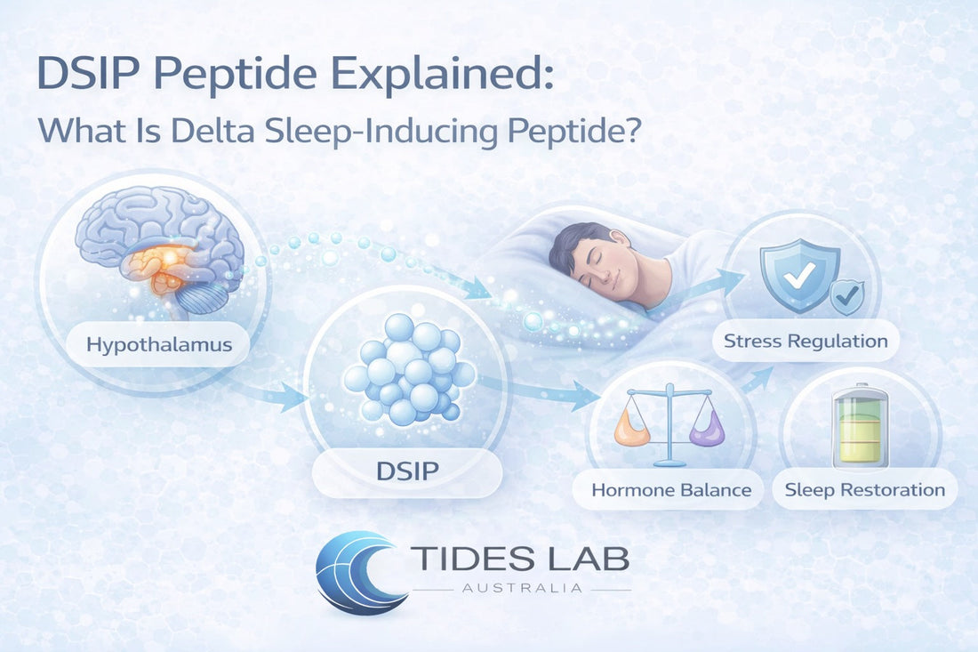 Delta sleep-inducing peptide (DSIP) mechanism showing hypothalamus signalling, slow-wave sleep regulation, and neuroendocrine recovery pathways.