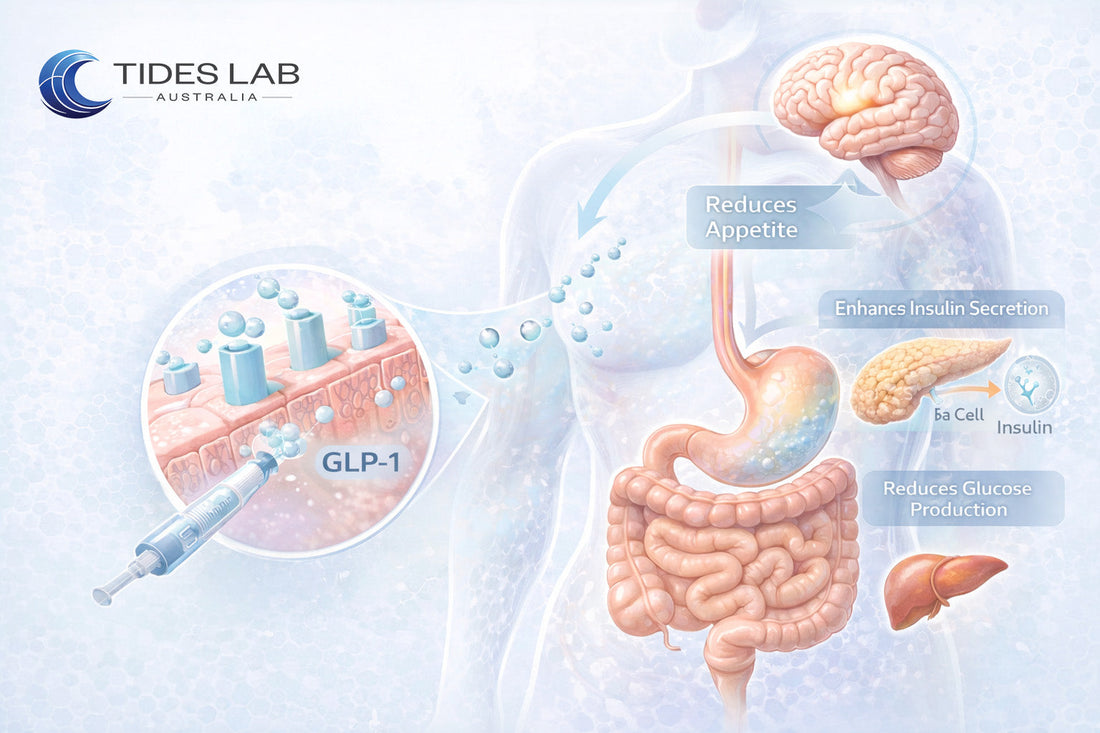 Diagram showing GLP-1 peptide signalling across the brain, stomach, pancreas and liver in weight loss research