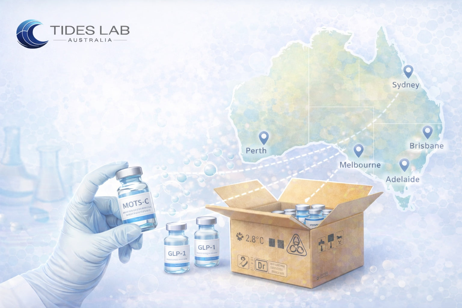 Illustration showing research peptide supply and shipping across Australia including Sydney, Melbourne, Brisbane, Perth and Adelaide.